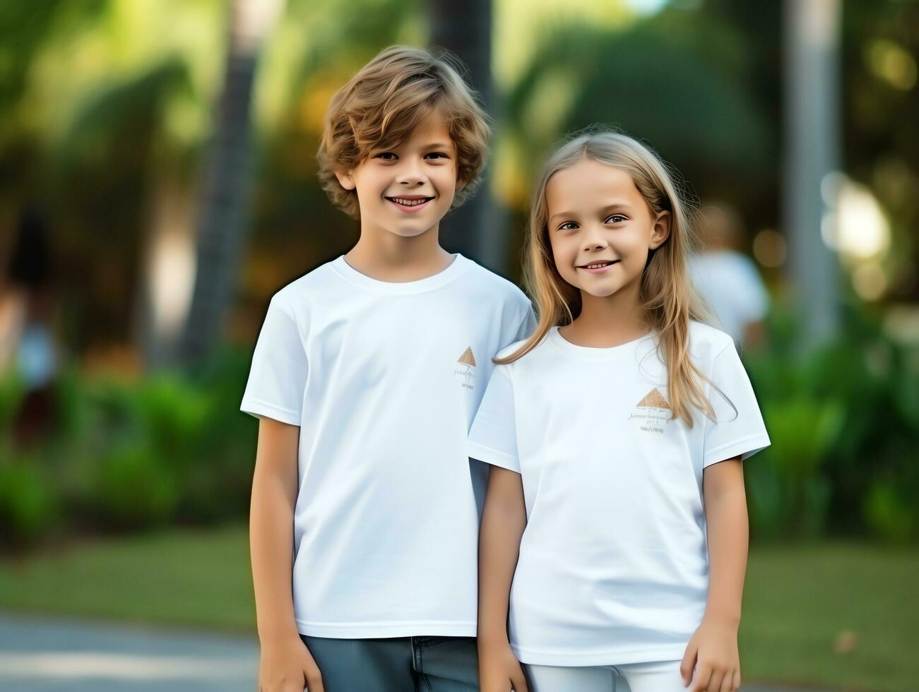 Petite Modeuse -Petite Modeuse 33333998 mignonne enfant de memes parents ou ami garcon et fille portant vide vide blanc t shirt maquette pour conception modele ai genere gratuit photo