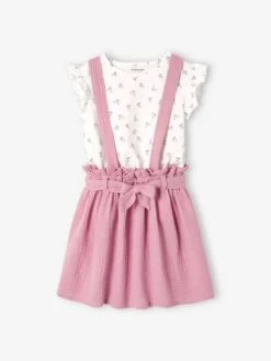 Ensemble Fille T-shirt à Volants Et Jupe à Bretelles En Gaze De Coton Lilas - Vertbaudet