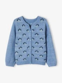 Gilet Jacquard Fille Motifs Fleurs Rehaussés De Fil Brillant Bleu - Vertbaudet