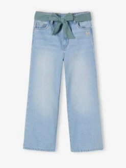 Jean Large Et Sa Ceinture En Gaze De Coton Fille Longueur Chevilles Stone - Vertbaudet -Petite Modeuse jean large et sa ceinture en gaze de coton fille longueur chevilles 3