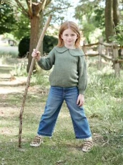 Jean Large Taille Haute Fille Bas Effiloché Denim Stone - Vertbaudet -Petite Modeuse jean large taille haute fille bas effiloche 2