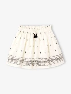 Jupe Brodée Fille Aspect Lin Beige Imprimé - Vertbaudet