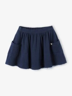 Jupe Réversible Fille En Gaze De Coton Et Imprimé Fleurs Bleu - Gris Imprimé - Vertbaudet