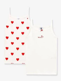 Lot De 2 Chemises à Bretelles Coeur Petite Fille En Coton - PETIT BATEAU Blanc Coeurs - Petit Bateau
