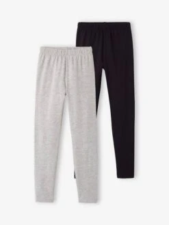 Lot De 2 Leggings Basics Unis Fille Gris Chiné+noir - Vertbaudet