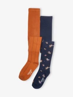 Lot De 2 Paires De Collants Fantaisie En Maille Torsades/bouquets Lot Dark Bleu Indigo - Vertbaudet