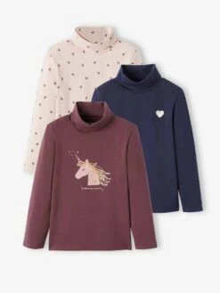 Lot De 3 T-shirts Col Roulé Basics Fille Lot Rose Poudré - Vertbaudet