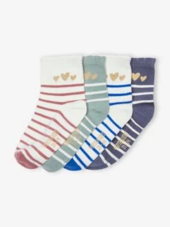 Lot De 4 Paires De Mi-chaussettes Rayées Et Coeurs Scintillants Bleu - Vertbaudet