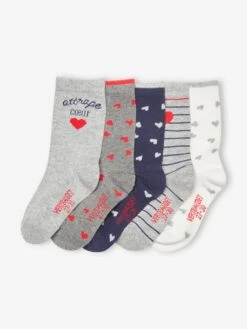 Lot De 5 Paires De Chaussettes Coeurs Fille BASICS Lot Bois De Rose Imprimé - Vertbaudet