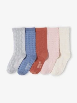 Lot De 5 Paires De Chaussettes Fille En Maille Fantaisie Coeurs Ou Torsades Lot Terre Battue - Vertbaudet