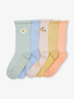 Lot De 5 Paires De Chaussettes Marguerites Fille En Maille Côtelée Abricot - Vertbaudet