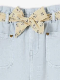 Pantacourt Paperbag Fille à Ceinture Fleurie Bleu Ciel - Vertbaudet -Petite Modeuse pantacourt paperbag fille a ceinture fleurie 2