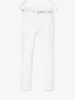 Pantalon Chino Fille En Satin De Coton Et Sa Ceinture Irisée Blanc - Vertbaudet
