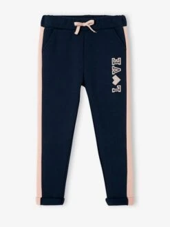 Pantalon De Sport Fille En Molleton Bandes Côtés Marine - Vertbaudet