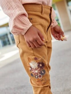 Pantalon Slim Brodé Fleurs Fille Taille Haute Vert - Vertbaudet -Petite Modeuse pantalon slim brode fleurs fille taille haute 2