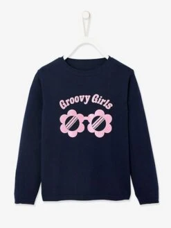 Pull à Message Basics Fille Message Irisé En Relief Vert - Vertbaudet