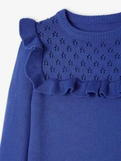 Pull à Volant Fille Détail Maille Ajourée Bleu - Vertbaudet -Petite Modeuse pull a volant fille detail maille ajouree 2