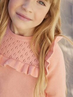 Pull à Volant Fille Détail Maille Ajourée Bleu - Vertbaudet -Petite Modeuse pull a volant fille detail maille ajouree 4