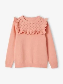 Pull à Volant Fille Détail Maille Ajourée Bleu - Vertbaudet -Petite Modeuse pull a volant fille detail maille ajouree 5