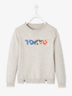 Pull Fille Motif Graphique Fleurs Brodées Gris Clair Chiné - Vertbaudet