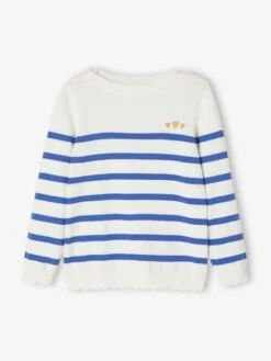 Pull Marinière Fille Détails Festonnés Rayé Bleu - Vertbaudet