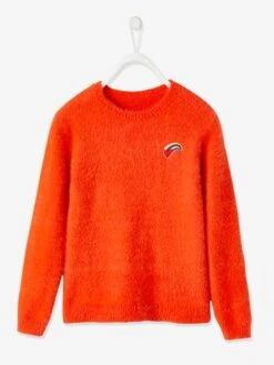 Pull Ultra Doux Fille Coeur Brodé Irisé Orange Vif - Vertbaudet -Petite Modeuse pull ultra doux fille coeur brode irise 2
