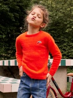Pull Ultra Doux Fille Coeur Brodé Irisé Orange Vif - Vertbaudet