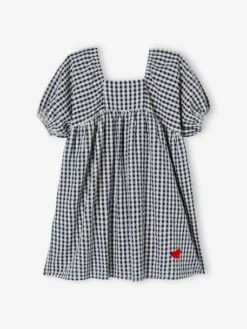 Robe à Carreaux Vichy Fille Manche Boules Carreaux Marine - Vertbaudet -Petite Modeuse robe a carreaux vichy fille manche boules 2