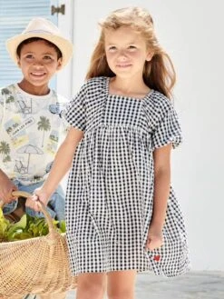 Robe à Carreaux Vichy Fille Manche Boules Carreaux Marine - Vertbaudet