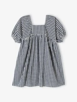 Robe à Carreaux Vichy Fille Manche Boules Carreaux Marine - Vertbaudet -Petite Modeuse robe a carreaux vichy fille manche boules 3