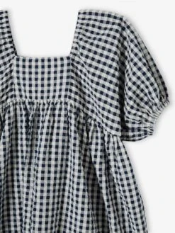 Robe à Carreaux Vichy Fille Manche Boules Carreaux Marine - Vertbaudet -Petite Modeuse robe a carreaux vichy fille manche boules 4