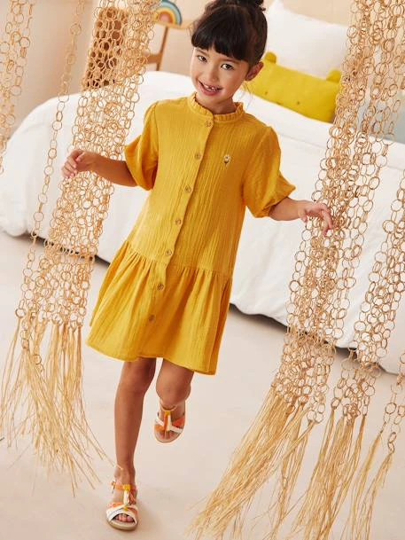 Robe Boutonnée En Gaze De Coton Fille Manches 3/4 Moutarde - Vertbaudet 5 Robe Boutonnée En Gaze De Coton Fille Manches 3/4 Moutarde - Vertbaudet – Image 5