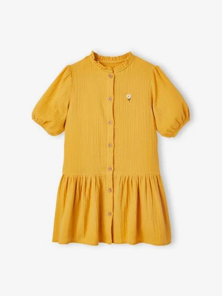 Robe Boutonnée En Gaze De Coton Fille Manches 3/4 Moutarde - Vertbaudet 6 Robe Boutonnée En Gaze De Coton Fille Manches 3/4 Moutarde - Vertbaudet – Image 6