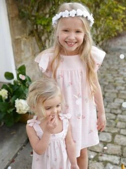 Robe Brodée Fleurs En Gaze De Coton Fille Rose - Vertbaudet