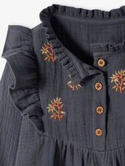 Robe Brodée Fleurs Fille En Gaze De Coton Gris - Vertbaudet -Petite Modeuse robe brodee fleurs fille en gaze de coton 2