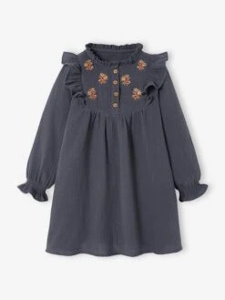Robe Brodée Fleurs Fille En Gaze De Coton Gris - Vertbaudet