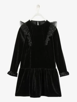 Robe De Fête Fille En Velours Lisse Noir - Vertbaudet