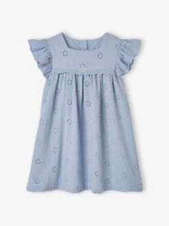Robe En Gaze De Coton Brodée Fleurs Fille Bleu Pâle - Vertbaudet