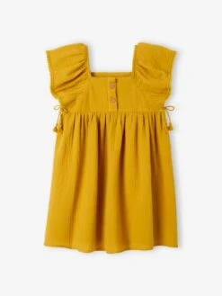 Robe En Gaze De Coton Détails Fantaisie Fille Moutarde - Vertbaudet -Petite Modeuse robe en gaze de coton details fantaisie fille 2