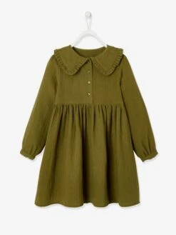 Robe En Gaze De Coton Fille Kaki - Vertbaudet -Petite Modeuse robe en gaze de coton fille 8