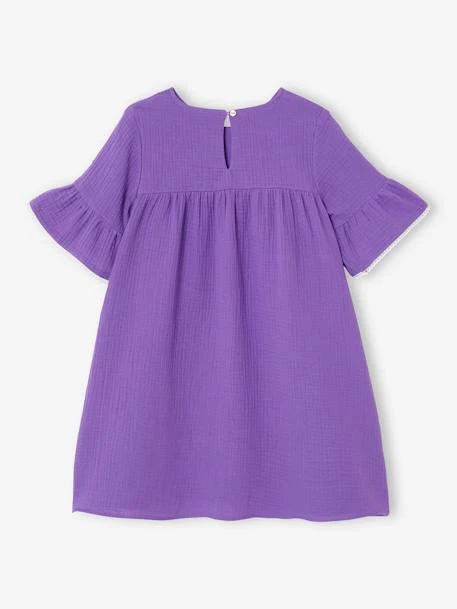 Robe En Gaze De Coton Manches 3/4 Volantées Fille Violet - Vertbaudet 2 Robe En Gaze De Coton Manches 3/4 Volantées Fille Violet - Vertbaudet – Image 2