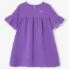 Robe En Gaze De Coton Manches 3/4 Volantées Fille Violet - Vertbaudet