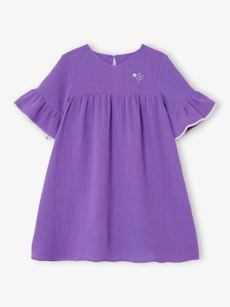 Robe En Gaze De Coton Manches 3/4 Volantées Fille Violet - Vertbaudet 1 Robe En Gaze De Coton Manches 3/4 Volantées Fille Violet - Vertbaudet