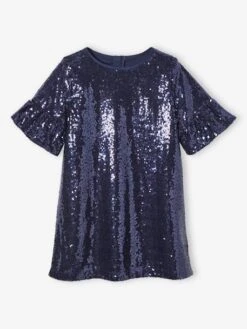 Robe En Sequins Fille Manches Volantées Marine - Vertbaudet