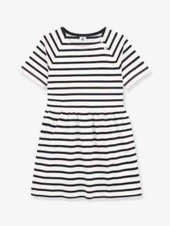Robe Manches Courtes Coton PETIT BATEAU Rayé Marine - Petit Bateau