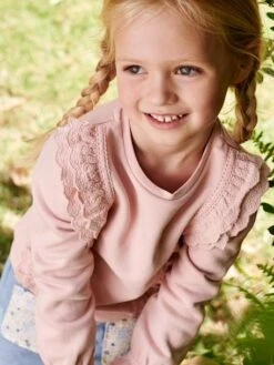 Sweat à Volants Brodés Fleurs Fille Rose Poudré - Vertbaudet