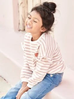 Sweat Marinière Fille Manches à Vollants Rayé Vert - Vertbaudet