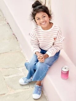 Sweat Marinière Fille Manches à Vollants Rayé Vert - Vertbaudet -Petite Modeuse sweat mariniere fille manches a vollants 5