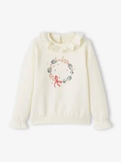 Sweat Motif Couronne De Noël Fille écru - Vertbaudet