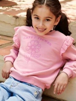 Sweat Motif Fleur Flocké Fille Volants En Broderie Anglaise Rose Bonbon - Vertbaudet -Petite Modeuse sweat motif fleur flocke fille volants en broderie anglaise 2